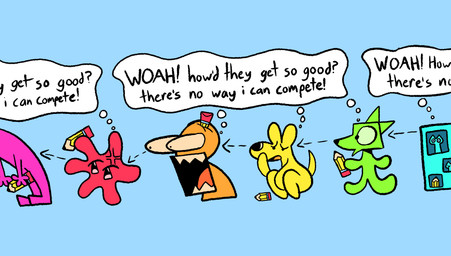 ambiguous_gender anthro blue_body directional_arrow green_body group inner_monologue orange_body pencil_(object) purple_body rainbow_lineup red_body self_doubt shocked thinking thought_bubble yellow_body aimkid blob_creature canid human mammal
