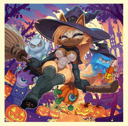anthro big_breasts boots breasts broom broom_riding cleaning_tool clothed clothing costume detailed_background eyes_closed fangs female food footwear fruit fur hair halloween_costume hat headgear headwear high_heeled_boots high_heels holding_broom holding_cleaning_tool holding_object holidays jack-o'-lantern legwear looking_at_viewer outside plant pumpkin shoes sitting smile tail teeth thigh_boots thigh_highs topwear tree witch_hat shiro_sonic halloween idw_publishing sega sonic_the_hedgehog_(comics) sonic_the_hedgehog_(idw) sonic_the_hedgehog_(series) blue_block_(sonic) cyan_laser_(sonic) green_hover_(sonic) orange_rocket_(sonic) pink_spike_(sonic) whisper_the_wolf alien blue_wisp_(sonic) canid canine canis cyan_wisp_(sonic) green_wisp_(sonic) mammal orange_wisp_(sonic) pink_wisp_(sonic) wisp_(sonic) wolf absurd_res digital_media_(artwork) hi_res