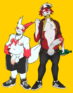 anthro areola athletic_wear ball_tuft balls big_penis blush bodily_fluids bottle bottomwear bottomwear_down bubble claws clothed clothing clothing_lift container crotch_tuft deep_navel dripping drunk drunk_bubble duo ear_piercing ear_ring erection footwear foreskin fur genital_fluids genital_raphe genitals glans grey_bottomwear grey_clothing grey_pants gym_bottomwear gym_shorts half-erect holding_bottle holding_container holding_object huge_penis humanoid_genitalia humanoid_penis jewelry larger_male male moobs muscular muscular_male navel neck_tuft necklace nipples open_clothing open_shirt open_topwear overweight overweight_male pants pants_down partially_clothed penis penis_size_difference piercing pink_eyes pink_glans pink_sclera precum precum_drip raphe_(anatomy) red_body red_fur red_sclera ring_piercing scrotal_raphe shirt shirt_in_mouth shirt_lift shoes shorts simple_background size_difference smaller_male substance_intoxication sweat sweaty_balls sweaty_genitalia topless topwear tuft vein veiny_penis white_balls white_body white_fur white_penis yellow_background chromamorph adidas nintendo pokemon generation_3_pokemon generation_7_pokemon lycanroc midnight_lycanroc pokemon_(species) zangoose absurd_res hi_res signature