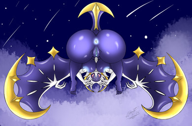 anthro anus breasts butt cloud erect_nipples female genitals looking_at_viewer night nipples pink_eyes presenting presenting_anus presenting_hindquarters presenting_vulva purple_body sky smile smiling_at_viewer solo tail vulva wings protoschwarz nintendo pokemon generation_7_pokemon legendary_pokemon lunala pokemon_(species) hi_res