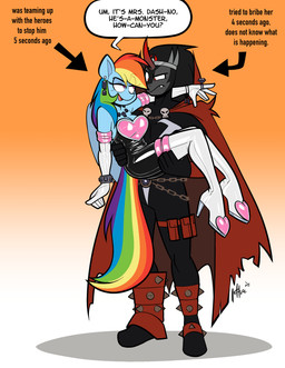 anthro armwear black_clothing black_hair black_latex black_skinsuit blue_body boots breasts cape carrying_another carrying_partner clothed clothed_anthro clothed_female clothed_male clothing cosplay dialogue duo ear_piercing ear_ring elbow_gloves female footwear gloves grey_body hair handwear horn jewelry latex latex_armwear latex_boots latex_clothing latex_elbow_gloves latex_footwear latex_gloves latex_handwear latex_legwear latex_skinsuit latex_thigh_boots latex_thigh_highs legwear male male/female multicolored_hair multicolored_tail necklace piercing pink_eyes rainbow_hair rainbow_tail red_cape red_clothing red_eyes ring_piercing shoes skinsuit speech_bubble tail text thigh_boots thigh_highs tight_clothing white_armwear white_clothing white_elbow_gloves white_gloves white_handwear white_latex white_legwear white_thigh_boots white_thigh_highs wings lettuce_(artist) friendship_is_magic hasbro my_little_pony mythology sega sonic_the_hedgehog_(series) king_sombra_(mlp) rainbow_dash_(mlp) rouge_the_bat equid equine mammal mythological_creature mythological_equine pegasus unicorn 2025 absurd_res english_text hi_res