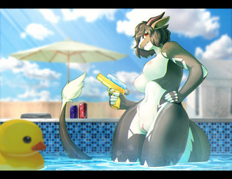 anthro black_bars black_hair breasts cloud countershading female fur genitals hair horn navel nipples non-mammal_breasts nude outdoor_nudity outside public_pool pupils red_eyes rubber_duck skinny_dipping sky slit_pupils smile solo swimming_pool tail toy toy_gun vulva water water_gun wet kambo mythology chabett dragon furred_dragon furred_scalie mythological_creature mythological_scalie reptile scalie wingless_dragon hi_res letterbox