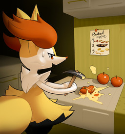 ambiguous_anthro ambiguous_gender anthro apple apple_sauce arm_tuft biped black_body black_fur bodily_fluids cooking cute_fangs detailed_background fangs food fruit fur hammer hip_tuft holding_hammer holding_object holding_tool inner_ear_fluff inside kitchen looking_at_viewer looking_back looking_back_at_viewer multicolored_body multicolored_fur nude_ambiguous nude_anthro open_mouth open_smile orange_body orange_eyes orange_fur orange_inner_ear_fluff orange_nose plant pointy_ears prick_ears rear_view shoulder_tuft smile solo standing sweat sweatdrop tail tapering_snout teeth text three-quarter_view tools tuft white_body white_fur yellow_body yellow_fur yellow_tail inkune nintendo pokemon braixen canid generation_6_pokemon mammal pokemon_(species) 2021 colored digital_drawing_(artwork) digital_media_(artwork) english_description english_text hi_res portrait shaded three-quarter_portrait female_(lore)