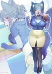 anthro big_breasts biped blue_hair book bottomwear breasts canid canine canis choker cleavage clothed clothing domestic_dog eyes_closed female footwear fur hair jewelry kemono kiichi legwear long_hair mammal necklace open_mouth ponytail purple_hair shirt shoes skirt solo thigh_highs tied_hair topwear