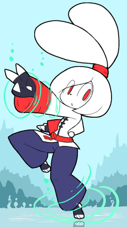 anthro barefoot clothed clothing feet female fingerless_gloves footwear fur gloves hair handwear looking_at_viewer on_one_leg open_mouth partially_submerged ponytail ponytail_ears pose red_eyes solo standing standing_in_water tail text thick_thighs toeless_footwear training water white_body white_fur white_hair wide_hips usagibun1 tuqiu_(usagibun1) lagomorph leporid mammal rabbit 2026 digital_media_(artwork) english_text hi_res