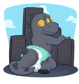 3_toes ambiguous_gender anthro back_spikes border city city_background claws clean_diaper clothed clothing cloud diaper diaper_only exclamation_point feet grey_body kneeling looking_back sky solo spikes spikes_(anatomy) toe_claws toes topless wearing_diaper white_border yellow_eyes woffleboom godzilla_(series) toho godzilla kaiju reptile scalie 2025 absurd_res hi_res signature