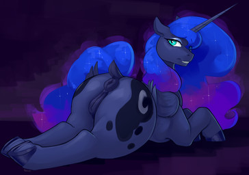 anus big_butt blue_body butt butt_focus feathered_wings feathers female female_feral feral genitals hooves horn looking_back lying on_front puffy_anus pupils quadruped simple_background smile solo tail thick_thighs three-quarter_view vulva wings kelkessel friendship_is_magic hasbro my_little_pony mythology princess_luna_(mlp) equid equine mammal mythological_creature mythological_equine winged_unicorn absurd_res hi_res