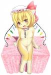 alternate_species anthro blonde_hair blush bonnet breasts chest_tuft clothing collar female fur furrification hair hat headgear headwear kemono mob_cap nipples nude open_mouth short_hair sitting small_breasts solo tuft yellow_body yellow_fur young young_anthro mcsadat touhou flandre_scarlet domestic_cat felid feline felis mammal