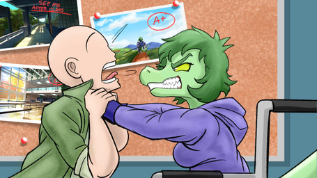 angry anthro asphyxiation attack bald biped breasts cafeteria choking clenched_teeth clothed clothed_anthro clothed_female clothed_human clothed_male clothing cloud disability duo eyebrows female fingers grass green_body green_clothing green_hair green_jacket green_scales green_topwear grey_eyes hair hallway hoodie human_on_anthro humanoid_hands inside interspecies jacket male male/female medium_hair mountain narrowed_eyes neck_grab non-mammal_breasts open_mouth paraplegic photo pinboard plant purple_clothing purple_hoodie purple_topwear raised_eyebrows scales shadow sitting sky strangling surprised tail teeth text tongue topwear tree vehicle wheelchair yellow_sclera kaewhy cavemanon_studios i_wani_hug_that_gator snoot_game anon_(snoot_game) olivia_halford baryonyx dinosaur human mammal prehistoric_species reptile scalie spinosaurid theropod 16:9 2025 colored e621_post_recursion english_text hi_res shaded widescreen
