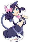 big_breasts black_hair blue_eyes blush bow_ribbon bracelet breasts clothing female hair huge_breasts jewelry legwear maid_headdress open_mouth short_hair simple_background solo stockings text thigh_highs tottotonero sanrio show_by_rock!! cyan_hijirikawa animal_humanoid cat_humanoid felid felid_humanoid feline feline_humanoid humanoid mammal mammal_humanoid japanese_text