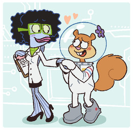 anthro boots border brown_body brown_fur clothing duo eyewear female female/female footwear fur glasses high_heels shoes smile tail white_border jadeyarts nickelodeon spongebob_squarepants karen_plankton sandy_cheeks aquatic fish mammal rodent sciurid tree_squirrel