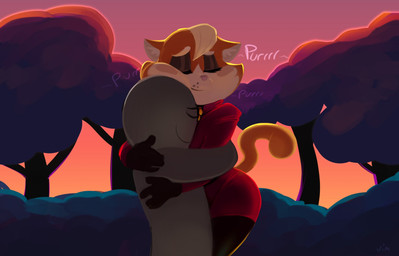 anthro blush duo female hug male plant purring shrub tree vimhomeless anon lilly_(vimhomeless) domestic_cat felid feline felis human mammal 2020 hi_res