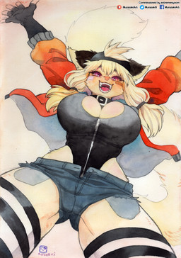 5_fingers anthro backwards_baseball_cap backwards_hat band-aid band-aid_on_face bandage bandage_on_face baseball_cap big_breasts biped bottomwear breasts butt butt_from_the_front cheek_tuft cleavage clothed clothed_anthro clothed_female clothing collar denim denim_bottomwear denim_clothing denim_shorts dutch_angle facial_tuft female female_anthro fingers fur hair hat headgear headwear jacket legwear looking_at_viewer looking_down low-angle_view open_mouth pigtails shorts smile solo standing teeth thigh_highs topwear tuft unbuttoned murazaki frankie_(extremedash) felid lion mammal pantherine 2021 absurd_res hi_res traditional_media_(artwork)
