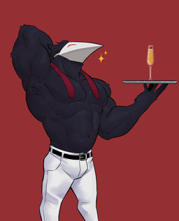 abs alcohol anthro armpit_hair belt beverage big_muscles body_hair bottomwear champagne champagne_glass clothed clothing cocktail_glass container cup drinking_glass glass glass_container glass_cup hand_behind_head holding_object holding_plate male mask muscular muscular_anthro muscular_male necktie obliques pants pecs plate red_background simple_background solo standing star topless topless_male 9klipse deltarune undertale_(series) avian darkner swatchling 2021 hi_res