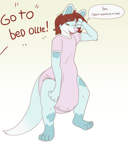 abdl ageplay anthro arm_tuft blue_body blue_fur brown_hair clothed clothing diaper diaper_under_clothing elbow_tuft fangs fur green_eyes hair infantilism male male_anthro messy_hair narrowed_eyes open_mouth pink_clothing pink_nose pink_topwear roleplay short_hair simple_background solo speech_bubble standing teeth text tired topwear tuft wearing_diaper hardscales species_request absurd_res english_text full-length_portrait hi_res portrait