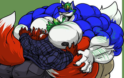 5_fingers anthro big_muscles big_pecs black_nipples bottomwear chest_tuft clothed clothing duo eyewear fingers fur glasses grin hair hug huge_muscles huge_pecs hyper hyper_muscles hyper_pecs looking_at_another male morbidly_obese multicolored_body multicolored_fur multicolored_hair musclegut muscular nipples obese overweight pants pecs shirt size_difference smile sunglasses topless topwear tuft yellow_eyes fierglief fierglief_(character) gilwal canid canine canis fox mammal wolf 2019 hi_res