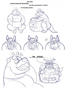 amused amusement anthro anthro_penetrating arm_hair aroused aroused_by_another aroused_face aroused_male aroused_onlooker aroused_smile backwards_baseball_cap backwards_cap backwards_hat baseball_cap beard biceps big_muscles bodily_fluids body_hair bottomwear breath clothing cocky cocky_grin computer crouching cum cum_drip cum_in_pumpkin cum_inside cumming_from_penetration delinquent dialogue dripping duo ejaculating_while_penetrating ejaculation ejaculation_while_penetrating electronics embarrassed embarrassed_expression embarrassed_male eyebrows facial_hair flirting flirting_look food fruit genital_fluids genitals grin grinning_at_partner hat hat_only headgear headgear_only headwear headwear_only holding_laptop holding_pumpkin humping jack-o'-lantern jock knot knotted_penis knotting laptop laptop_on_lap laugh laughing_at_another looking_pleasured male male/male male_penetrating manly masturbation mostly_nude mostly_nude_anthro mostly_nude_male muscular muscular_anthro muscular_male orgasm orgasm_face panting pants penetrating_pumpkin penetration penile penile_masturbation penile_penetration penis plant pumpkin pumpkin_fucking pumpkin_masturbation rough_masturbation shirt smile surprised surprised_eyes surprised_face surprised_look teasing teasing_partner text thick_arms thick_eyebrows thrusting thrusting_forward tongue topwear ethancostas cody_luis ethan_costas_(character) beagle bear canid canine canis domestic_dog giant_panda hunting_dog mammal scent_hound black_and_white comic english_text hi_res monochrome sketch