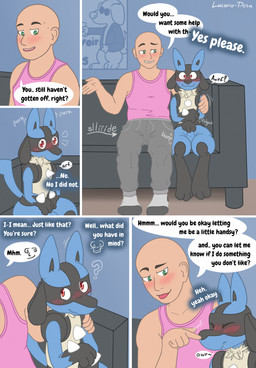 animal_genitalia animal_noises anthro arf arm_around_shoulders bald balls blush bodily_fluids boop bottomwear clothing consent covering covering_crotch cuddling dialogue duo excited fidgeting furniture genitals interspecies male male/male on_sofa pants paws pink_clothing pointy_ears pokephilia poster_(object) prick_ears propositioning question_mark sheath shirt sofa speech_bubble sweat sweatdrop sweatpants tank_top telepathy text topwear translation_within_image wide_eyed lucario-desu nintendo pokemon reservoir_dogs lulu_(lucario-desu) canid canine canis domestic_dog generation_4_pokemon human lucario mammal pokemon_(species) comic english_text hi_res