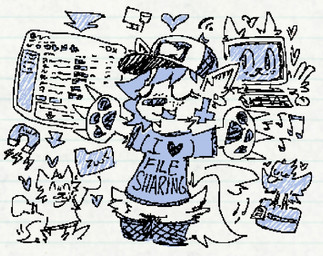 ambiguous_gender anthro baseball_cap black_text clothing computer computer_keyboard computer_monitor computer_mouse cross ear_piercing ear_ring electronics eyes_closed female folder group hat headgear headwear inverted_cross lightning_bolt pawpads piercing print_clothing print_shirt print_t-shirt print_topwear ring_piercing shirt simple_background smile t-shirt tail tail_motion tailwag text topwear torrenting white_background window_(computing) zipper biteyfriend avian bird canid living_computer mammal english_text restricted_palette