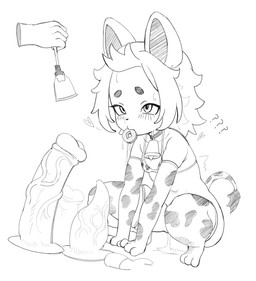 ambiguous_gender animal_print animal_print_bikini anthro bikini biped blush bodily_fluids clothing cow_print cow_print_bikini cowbell crouching dildo duo eyebrows fake_tail female genital_fluids hair pattern_bikini pattern_clothing pattern_swimwear pupils question_mark saliva sex_toy simple_background solo_focus swimwear two-piece_swimsuit vaginal_fluids young young_anthro young_female jingzhou14848 canid canine fox mammal absurd_res hi_res monochrome