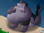 anthro anthrofied beach bottomwear cloth clothing detailed_background extreme_size_difference feet fin fin_piercing furgonomics furry-specific_piercing grey_body group holding_another macro male moobs nipples obese obese_anthro obese_male overweight overweight_anthro overweight_male piercing plant rumbling_stomach shorts size_difference sound_effects tail tail_piercing thick_tail tongue tongue_out tree trio water yellow_eyes sld64 disney the_little_mermaid_(1989) undertow_(disney) canid canine fish mammal marine shark 2022 4:3 hi_res