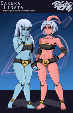 5_fingers 5_toes barefoot black_bra black_clothing black_gloves black_handwear black_sclera black_underwear blue_background blue_body blue_hair blue_skin blue_text bra clothed clothing duo feet female fingers gloves hair hand_holding hand_on_hip hand_on_own_hip handwear head_tentacle holding_another's_wrist holding_wrist holes_in_body implied_transformation looking_at_viewer midriff mouth_closed navel not_furry not_furry_focus partially_clothed pink_body pink_skin red_eyes simple_background symbol text toes underwear chronorin dragon_ball naruto hinata_hyuga sakura_haruno alien alien_humanoid humanoid majin 2018 absurd_res crossover digital_drawing_(artwork) digital_media_(artwork) english_description english_text hi_res story story_at_source story_in_description url