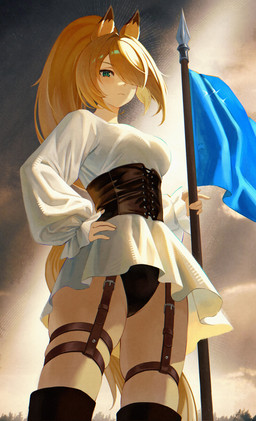 animal_ears black_clothing black_underwear blonde_hair clothed clothed_female clothed_humanoid clothing corset dress female flag flag_(object) hair holding_flag holding_object light_body light_skin lingerie ponytail solo tail topwear underwear upskirt white_clothing white_dress yellow_tail yamacho mihoyo zenless_zone_zero sigrid_de_l'azur animal_humanoid equid equid_humanoid equine equine_humanoid horse_humanoid humanoid mammal mammal_humanoid thiren absurd_res hi_res
