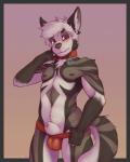 animal_genitalia anthro balls biped blush clothing collar collar_tag ear_piercing fur genitals hair jockstrap looking_at_viewer male nipples piercing sheath simple_background solo standing tail underwear cookiedraggy maro_(character) canid canine canis domestic_dog mammal 2018 digital_media_(artwork) hi_res