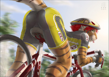 anthro armor balls_outline bicycle bicycle_helmet bulge butt clock clothed clothing costume countershading cycling cycling_jersey detailed_bulge fur genital_outline gloves handwear headgear helmet looking_at_viewer male outside sky solo spandex stripes tail tight_clothing tongue tongue_out vehicle watch zenthetiger joshua_(zenthetiger) felid mammal pantherine tiger