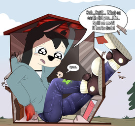 anthro black_body black_fur blush bodily_fluids body_size_growth bottomwear building clothed clothing cloud crying destruction duo footwear fur gloves handwear hat headgear headwear hoodie house macro male multicolored_body multicolored_fur open_mouth outside pants plant shirt shoes size_difference size_transformation sky sneakers sweater tears text topwear transformation tree two_tone_body two_tone_fur young young_anthro young_male enookie cartoon_network summer_camp_island max_(sci) oscar_peltzer bat elephant elephantid mammal proboscidean absurd_res digital_media_(artwork) english_text hi_res source_request