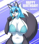 anthro big_breasts bikini blue_eyes blue_hair breasts candy clothing dessert female food hair huge_breasts licking_lollipop lollipop long_hair solo swimwear tongue tongue_out two-piece_swimsuit wide_hips coolryong hanul canid canine canis domestic_dog husky mammal nordic_sled_dog spitz hi_res