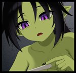 big_breasts black_border black_hair black_nails border breasts colored_nails disappointed eye_bags female green_body green_skin hair huge_breasts humanoid_pointy_ears nails not_furry pointy_ears pregnancy_test purple_eyes sharp_nails solo grimgrim goblin humanoid digital_media_(artwork)