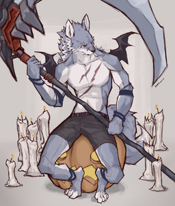 4_toes 5_fingers anthro back_wings belt_buckle biped black_bottomwear black_clothing black_membrane black_shorts black_wings blue_body blue_fur bottomwear bracelet buckle candle chest_markings claws clothed clothed_anthro clothed_male clothing countershade_arms countershade_face countershade_legs countershade_neck countershade_torso countershading dipstick_tail dot_eyes eyebrows facial_markings feet fingers fluffy fluffy_tail food front_view fruit fur grey_background head_markings head_turned holding_melee_weapon holding_object holding_polearm holding_scythe holding_weapon inner_ear_fluff jewelry leg_bracelet looking_aside male markings melee_weapon membrane_(anatomy) membranous_wings plant plantigrade polearm pumpkin purple_markings scythe shorts shorts_only simple_background simple_eyes sitting sitting_on_pumpkin snout solo spread_wings tail tail_markings text toe_claws toes topless topless_anthro topless_male tuft weapon white_body white_countershading white_eyebrows white_fur white_inner_ear white_inner_ear_fluff white_sclera white_tail_tip wings kuromonsart canid mammal 2022 absurd_res artist_name colored dated digital_drawing_(artwork) digital_media_(artwork) full-length_portrait hi_res portrait