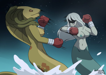 apode blue_nipples boxing boxing_gloves boxing_gloves_only breasts bruised clothing covered_eyes duo featureless_crotch female fight hair handwear handwear_only legless living_hair mostly_nude nipples non-mammal_breasts non-mammal_nipples nude open_mouth partially_submerged pseudo_hair serpentine snake_hair snake_hood speed_lines splashing_water split_form sport water wet deathzera european_mythology god_of_war god_of_war_ascension greek_mythology mythology sony_corporation sony_interactive_entertainment spooky's_jump_scare_mansion gorgon_cobra specimen_13 aquatic cobra draconcopode merfolk mythological_creature naga reptile scalie snake 2020 digital_media_(artwork) hi_res