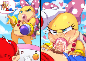 accessory anthro bald blue_eyes blush bodily_fluids bow_ribbon claws defeated defeated_villainess duo fellatio female genitals hair_accessory hair_bow hair_ribbon heart_eyes heart_symbol interspecies lips lipstick loli makeup male male/female oral outside penile penis ribbons sex sucking sweat thick_lips young kibazoku instant_loss_2koma mario_bros nintendo koopaling mario wendy_o._koopa dragon_koopa human koopa mammal scalie comic hi_res