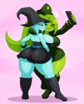 big_breasts big_butt breasts butt clothed clothing curvy_figure duo female hat headgear headwear heart_symbol not_furry plant pose selfie short_stack simple_background slightly_chubby wide_hips witch_hat sssonic2 starbound tayveen xena_lerrickton amphibian elemental_creature elemental_humanoid fish flora_fauna floran humanoid hylotl marine plant_humanoid hi_res