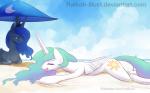 duo feathered_wings feathers female feral horn sunbathing text umbrella wings raikoh-illust friendship_is_magic hasbro my_little_pony mythology princess_celestia_(mlp) princess_luna_(mlp) equid equine mammal mythological_creature mythological_equine winged_unicorn 2015 url