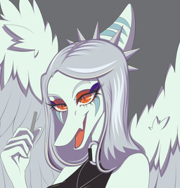 amber_eyes anthro black_clothing black_topwear blue_body bone_frill breasts cigarette clothing feathered_wings feathers female fingers frill_(anatomy) grey_background grey_body grey_feathers grey_hair hair half-closed_eyes holding_cigarette holding_object humanoid_hands long_hair looking_at_viewer markings narrowed_eyes non-mammal_breasts open_mouth open_smile simple_background smile solo striped_markings stripes topwear wings louiss. cavemanon_studios goodbye_volcano_high ko_op_(game_developer) snoot_game fang_(gvh) prehistoric_species pterosaur reptile scalie bust_portrait colored hi_res portrait shaded unfinished