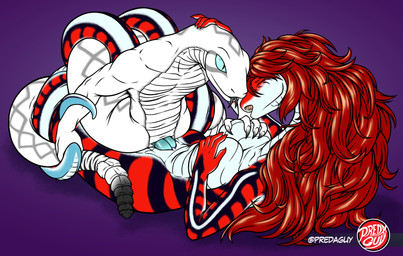 2_penises animal_genitalia animal_penis anthro anthro_on_anthro anthro_penetrated anthro_penetrating anthro_penetrating_anthro apode big_breasts big_hair blue_eyes breast_grab breast_squish breasts clitoral_hood cloacal_penis coiling coiling_another double_penetration double_vaginal duo eyes_closed female female_penetrated forked_tongue from_front_position genitals hair hand_on_breast hand_on_neck hemipenes humanoid_genitalia humanoid_hands humanoid_vulva inner_labia inserting inserting_penis intraspecies legless leucistic long_hair lying male male/female male_penetrating male_penetrating_female missionary_position multi_genitalia multi_penis multicolored_body non-mammal_breasts nude on_back penetrating_with_multiple penetration penile penile_penetration penis penis_in_vagina purple_inner_labia purple_vulva rattle_(anatomy) red_eyes red_hair scales serpentine sex squish striped_body stripes tail tail_grab teal_cloaca teal_penis toned_male toned_muscles tongue vaginal vaginal_penetration ventral_scales vulva white_body white_clitoral_hood white_outer_labia white_vulva wide_hips predaguy scarlett_(predaguy) spek_(spe) draconcopode naga pit_viper rattlesnake reptile scalie snake snake_naga viper western_diamondback_rattlesnake digital_drawing_(artwork) digital_media_(artwork) flat_colors hi_res