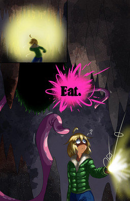 blonde_hair blue_bottomwear blue_clothing blue_eyes blue_jeans blue_pants bottomwear cave clothing denim denim_bottomwear denim_clothing dialogue dialogue_box duo female flashlight hair jacket jeans male pants shadow stalactite stalagmite tentacles thought topwear dr_artist miaryu_(dr_artist) tera_rollins_(dr_artist) alien human mammal absurd_res colored comic hi_res