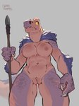 anthro areola breasts female fingers fur genitals looking_at_viewer melee_weapon nipples nude polearm pussy solo spear weapon yolabayola1 capcom monster_hunter anjanath brute_wyvern reptile scalie hi_res