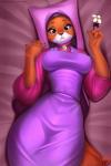 2017 2:3 4_fingers anthro bed big_breasts blush breasts canid canine clothed clothing curvy_figure digital_media_(artwork) disney doomthewolf dress eyebrows eyelashes female fingers flower fox furniture headdress hi_res hourglass_figure looking_at_viewer lying maid_marian mammal nipple_outline on_bed plant red_fox robin_hood_(disney) skinny skinny_female solo thick_thighs true_fox wide_hips