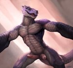 2_penises animal_genitalia animal_penis anthro erection genital_slit genitals green_eyes hemipenes looking_at_viewer looking_down looking_down_at_viewer low-angle_view male multi_genitalia multi_penis nude penis penis_towards_viewer purple_body purple_scales scales simple_background smile solo tongue worm's-eye_view klongi jaavik kobold lizard reptile scalie hi_res shaded