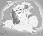 animal_genitalia animal_penis balls big_penis canine_genitalia canine_penis covered_mouth erection feet feral fluffy fluffy_tail genitals kerchief knot looking_at_viewer male penis sitting solo spread_legs spreading tail text fermusieboir4 nintendo pokemon eeveelution generation_2_pokemon pokemon_(species) umbreon greyscale hi_res monochrome url