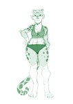 2021 4_toes abs akino_(kemokin_mania) anthro barefoot breasts cheetah claws cleavage clothed clothing crop_top digitigrade dktorzi feet felid feline female front_view full-length_portrait green_and_white hand_on_hip hi_res mammal monochrome muscular muscular_anthro paws portrait shirt simple_background sketch solo speedo spots standing swimwear toes topwear white_background