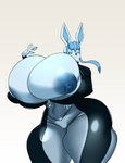 :3 anthro areola big_breasts biped blue_areola blue_body blue_eyes blue_hair blue_nipples bodysuit breasts clothing female hair huge_breasts hyper hyper_breasts nipples pokemorph simple_background skinsuit smile solo thick_thighs tight_clothing bokcutter nintendo pokemon eeveelution generation_4_pokemon glaceon pokemon_(species) 2021 absurd_res hi_res