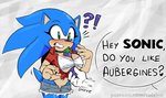 ?! anthro big_breasts blush breasts crossgender dialogue duo eggplant female food fruit heart_symbol plant surprise text missphase sega sonic_the_hedgehog_(series) sonic_the_hedgehog english_text