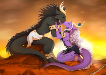 anthro black_hair breasts day detailed_background digitigrade duo eyes_closed female hair horn kissing kneeling macro male non-mammal_breasts sitting sky sun tail white_hair lycangel mythology dragon mythological_creature mythological_scalie scalie 2018 digital_media_(artwork)
