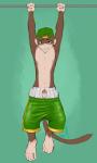 5_fingers anthro athletic athletic_anthro athletic_male bottomwear boxers_(clothing) button_boxers button_underwear clothing dangling erection exercise feet fingers genitals green_background gym humanoid_genitalia humanoid_penis male nipples open_boxers open_underwear pattern_clothing pattern_underwear penis penis_poking_out penis_through_fly prehensile_feet shorts simple_background solo striped_clothing striped_underwear stripes toes unbuttoned_underwear underwear morenor orange.slice jem_the_monkey_(dempsey) haplorhine mammal monkey primate 2015 3:5 digital_media_(artwork) full-length_portrait hi_res portrait signature