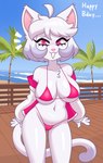 ahoge anthro beach big_breasts bottomwear breasts chest_tuft clothing dipstick_hair dipstick_tail female fur hair looking_at_viewer markings multicolored_hair navel palm_tree pink_clothing pink_eyes pink_underwear plant sea sky smile smug_face solo tail tail_markings text tight_bottomwear tight_clothing tree tuft two_tone_hair underwear water white_body white_fur white_hair white_tail acstlu robo_(robosylveon) domestic_cat felid feline felis humanoid mammal 2023 absurd_res english_text hi_res